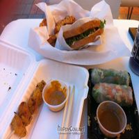 patty melt, 'chicken' satay, fresh summer rolls with peanut sauce at Loving Hut in San Jose