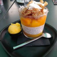 Vegan dessert with mango and coconut milk at Version Originale in Porto-vecchio