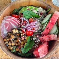 Buddha bowl with Salad, quinoa, sweet potatoes, avocado, red cabbage, hummus and falafel. (leave off the egg) at Brasserie L'Instant in Ajaccio
