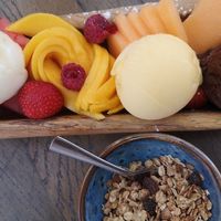 fruit & chocolate sorbets, fruit and granola at Brasserie L'Instant in Ajaccio