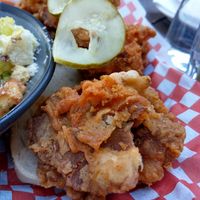 This is there vegan definitely not chicken.  It's make with king oyster mushrooms.  It was incredible! at Rusty's at Blue in The Blue Mountains