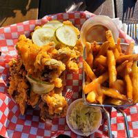 Oyster mushrooms battered with fries and gravy at Rusty's at Blue in The Blue Mountains