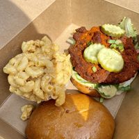 The famous Nashville hot chic’n sandwich + mac n’ cheeze! at Grass VBQ Joint - Cloud Kitchen in Decatur