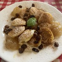 Poffertjes with apple compote, raisins and cinnamon   at Det Lille Pannekakehuset in Lillehammer