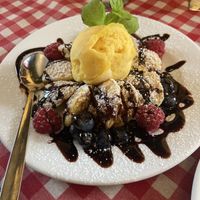 Poffertjes with blueberries, raspberries ad mango sorbett  at Det Lille Pannekakehuset in Lillehammer