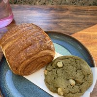 Chocolate croissant and matcha cookie  at Leaves House || in Montreal