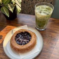 Blueberry danish, iced matcha lattee  at Leaves House || in Montreal