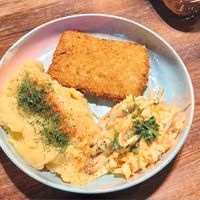 Polish plant-based schnitzel with mashed potatoes and coleslaw at Bracka 20 in Warsaw
