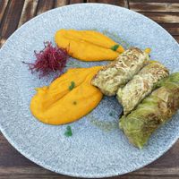 Kale Dolma (kale stuffed rolls with smoked tofu)  at Urban & Veggie in Dubrovnik