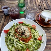 Courgetti, pomegranate juice and matcha latte  at Urban & Veggie in Dubrovnik