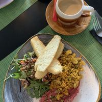 Scramble tofu, focaccia and beetroot hummus, fresh salad.  at Urban & Veggie in Dubrovnik