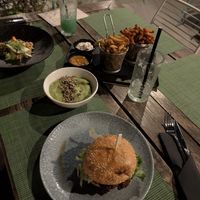 Vegan burger. Sweet potato fries. Regular fries. Risotto. Pea and potato mash. Cheese & mayo dips. at Urban & Veggie in Dubrovnik