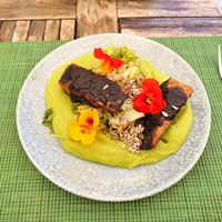 «Captura del Día» (tofu marinado con algas y una cama de puré de patatas y guisantes con habas y ensalada) at Urban & Veggie in Dubrovnik