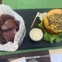 Vegeburger with smoky sweet potato fries and vegenaise at Urban & Veggie in Dubrovnik
