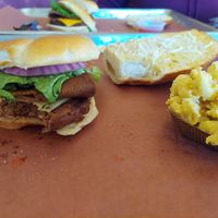 Bacon cheese burger, mac and cheese, garlic cheese bread at Smokee Mo's St Louis BBQ in St Louis