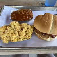 Jackfruit BBQ Sandwich, Mac n Cashew Cheese, and Baked Beans at Smokee Mo's St Louis BBQ in St Louis