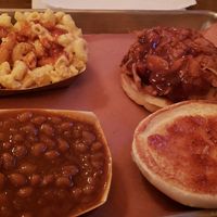 BBQ jackfruit sandwich, baked beans, vegan mac and cheese at Smokee Mo's St Louis BBQ in St Louis