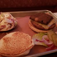 Bacon and cheese Notaburger, potato salad. at Smokee Mo's St Louis BBQ in St Louis