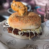 Vegan Cheese Burgel with a fried pickle on top. at Balls and Bangles in Queenstown