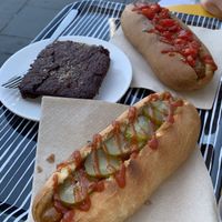 Original hot dog (front), Vegan mozzarella and pesto hot dog (back) and  brownie  at Not Dog in Nice