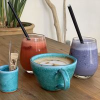 Double Cappuccino, Summertime Sadness juice, Breakfast Berry Bomb Smoothie (or something linke that)   at Green Kukunari in Crete