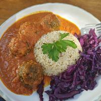 Lentil balls with curry sauce at Green Kukunari in Crete