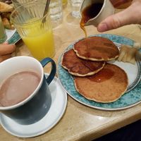 Breakfast deal. Pancakes, hot chocolate and orange juice at Menthe Chocolat in Toulon