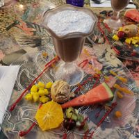 Chocolate mousse with coconut, ice cream and fruit. at Espiritu Libre in Mallorca