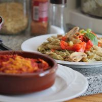 Vegan lasagne and pasta pesto at Casa Arts in Malaga