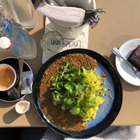 Vegan lentils and rice, vegan brownie, lemonade, coffee with soy milk  at LeichtSinn Vitalbistro in Salzburg
