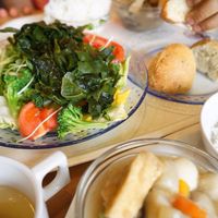 Buffet lunch of salad, bread, soup, and stir fried vegetables with tofu.  at Greens Vegetarian Dishes in Osaka