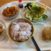 Sorry for the quality of the photo, didn’t intend to post it anywhere! Salad, bread, mixed rice, tempura veg, sweet and sour veg with tofu.  at Greens Vegetarian Dishes in Osaka