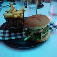 Vegan burger 🍔 with beer 🍻 battered fries 🍟. at Fonzie's Diner  in Kilsyth