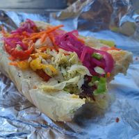 Anti-dog with all the veg toppings at Wieners of Waterton in Waterton Park
