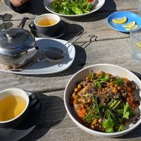 altered veggie breakfast made vegan: sourdough with avocado, roast tomato, chickpeas, mushrooms and herbs with fresh tea  at Megalong Valley Tea Rooms in Megalong Valley