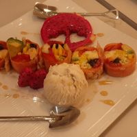 Sushi fruit dessert with cashew ice cream and maple syrup!! at Ohana Sushi Vegan in Montreal