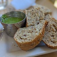 Complimentary bread and pesto at Pyramid Bistro in Aspen