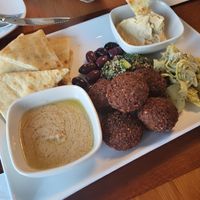 Vegan mezze plate with the best falafel and tahini ever at Mews in Provincetown