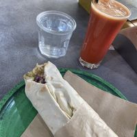 Mexican falafel with tahini and a detox juice with turmeric.  at Falavela in Crete