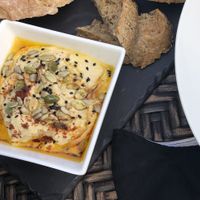 Hummus starter with toasted seeds  at The Old Mill Inn in Pitlochry
