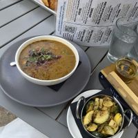 Vegan elote soup with zucchini & squash side  at Lock 15 Brewing Company in Akron