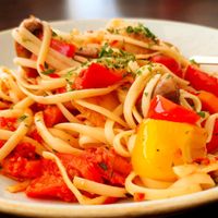 Linguini pasta with garlic, chili, olive oil, herbs and roasted vegetables at Seehaus in Langenfeld