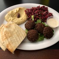 3 item platter: falafel, hummus, spicy cabbage at Ali Baba Deli in Charleston
