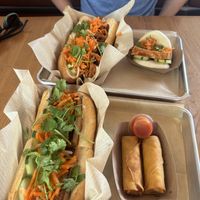 buffalo chikn and tofu bahn mi, bao bun, veggie spring rolls   at Banh Mi Station in Dallas