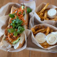 Buffalo not chicken sandwich & fries at Banh Mi Station in Dallas