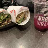 Island Teriyaki tofu wrapp, Chimichurri beyond meat wrappe, dragon fruit tapioca drink at World Wrapps in Corte Madera