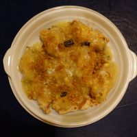 Soy "fish" in sweet corn sauce at 3G Vegetarian Restaurant in Vancouver