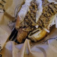 Vegan brat from The Herbivorous Butcher with a vegan bun, brined kraut, caramelized onions, and beer & herb stout mustard. at New Bohemia in Golden Valley