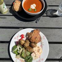 The plate of potatoes, salad, sandwich and vegan feta is vegan!   at Not Quite in Fengersfors