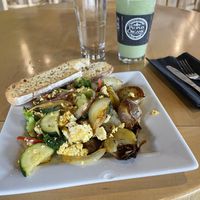 Tofu scramble with ciabatta ft. blended matcha latte  at Peoples Organic in Eden Prairie
